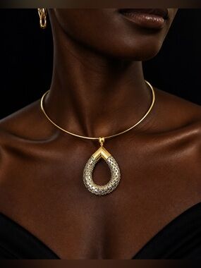 Vintage Chainmail Snake Mesh Necklace Gold Silver Collar Teardrop Pendant Choker